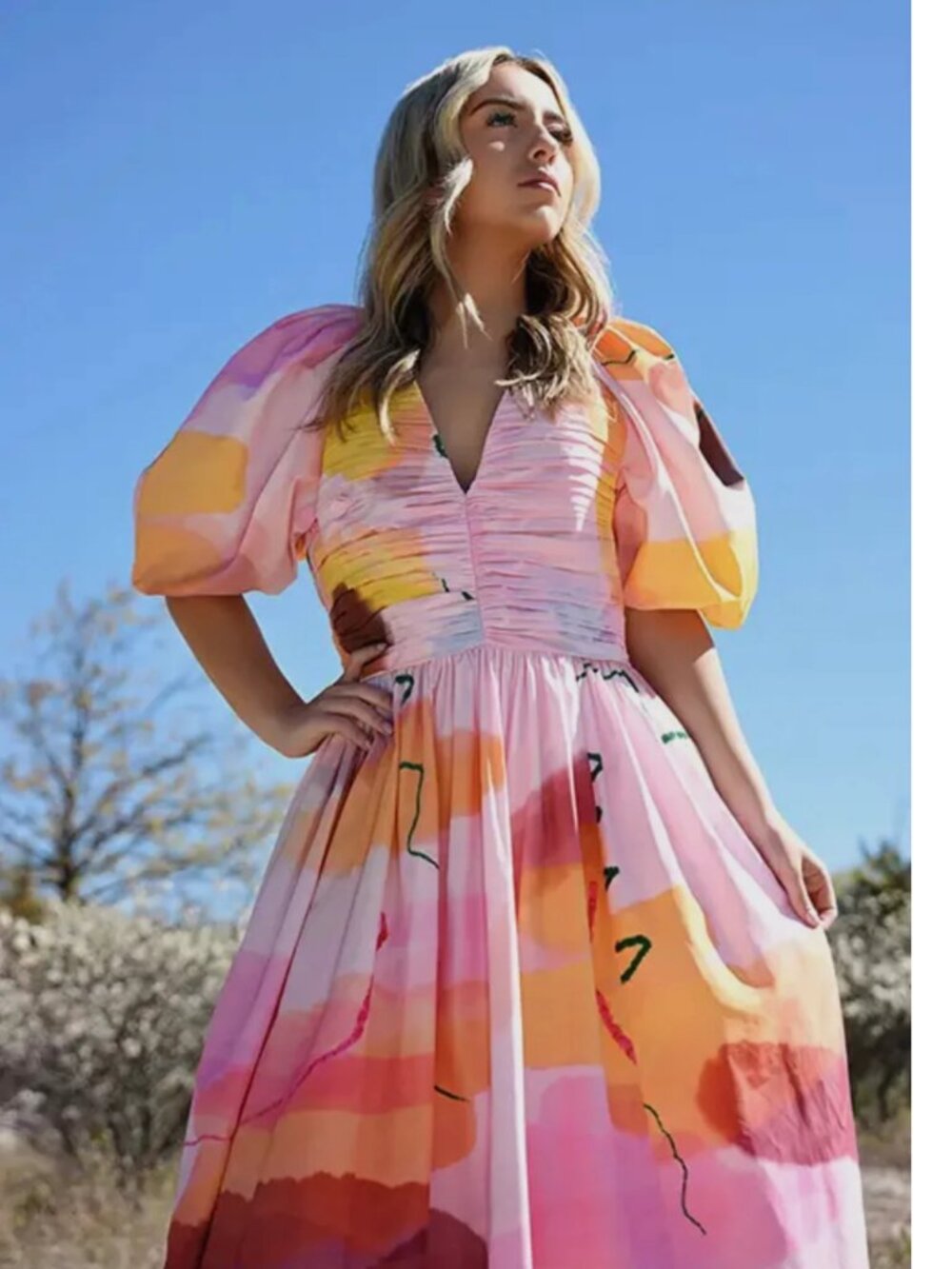 NWT Jessie Zhao Pink Floral Taffeta Midi Dress Pink Abstract Puff Sleeve Size 4